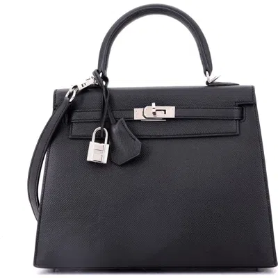 Pre-owned Hermes  Hermes Kelly Handbag Black Epsom With Palladium Hardware 25