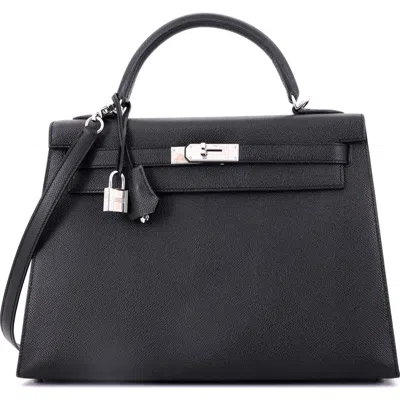 Pre-owned Hermes  Hermes Kelly Handbag Black Epsom With Palladium Hardware 32