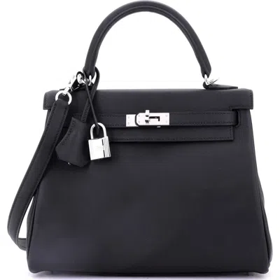 Pre-owned Hermes  Hermes Kelly Handbag Black Swift With Palladium Hardware 25