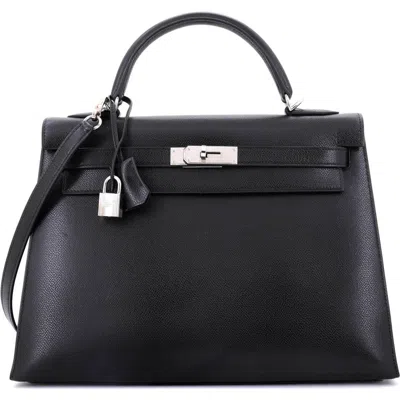 Pre-owned Hermes  Hermes Kelly Handbag Black Veau Grain Lisse With Palladium Hardware 32