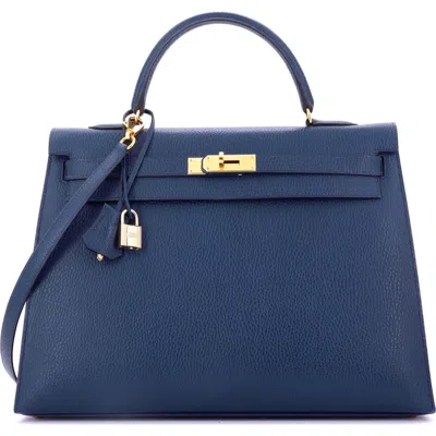 Pre-owned Hermes  Hermes Kelly Handbag Blue Ardennes With Gold Hardware 35