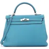 Pre-owned Hermes  Hermes Kelly Handbag Blue Clemence With Palladium Hardware 32 In Blue
