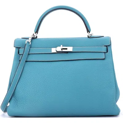 Pre-owned Hermes  Hermes Kelly Handbag Blue Clemence With Palladium Hardware 32