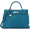 Pre-owned Hermes  Hermes Kelly Handbag Blue Clemence With Palladium Hardware 35 In Blue