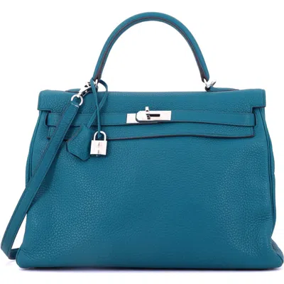 Pre-owned Hermes  Hermes Kelly Handbag Blue Clemence With Palladium Hardware 35