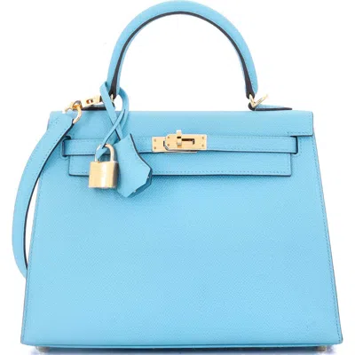 Pre-owned Hermes  Hermes Kelly Handbag Blue Epsom With Gold Hardware 25