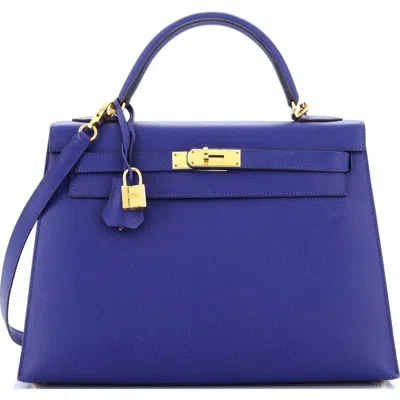 Pre-owned Hermes  Hermes Kelly Handbag Blue Epsom With Gold Hardware 32