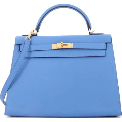 Pre-owned Hermes  Hermes Kelly Handbag Blue Epsom With Gold Hardware 32