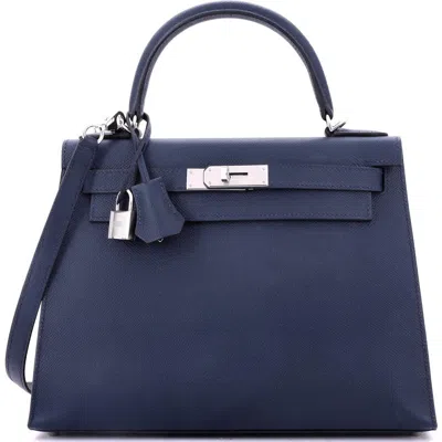 Pre-owned Hermes  Hermes Kelly Handbag Blue Epsom With Palladium Hardware 28