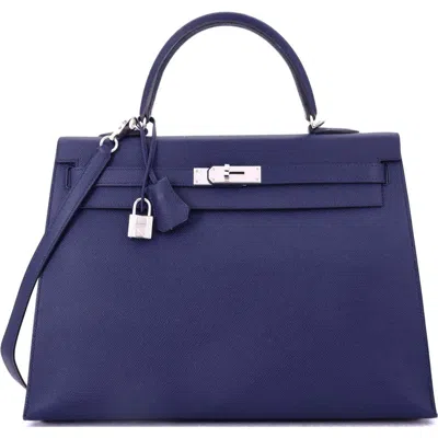 Pre-owned Hermes  Hermes Kelly Handbag Blue Epsom With Palladium Hardware 35