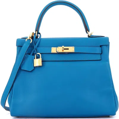 Pre-owned Hermes  Hermes Kelly Handbag Blue Evercolor With Gold Hardware 28