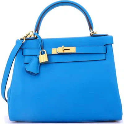 Pre-owned Hermes  Hermes Kelly Handbag Blue Evercolor With Gold Hardware 28