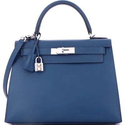 Pre-owned Hermes  Hermes Kelly Handbag Blue Madame With Palladium Hardware 28