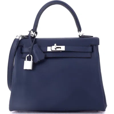 Pre-owned Hermes  Hermes Kelly Handbag Blue Swift With Palladium Hardware 25
