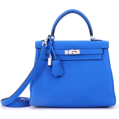 Pre-owned Hermes  Hermes Kelly Handbag Blue Togo With Palladium Hardware 25