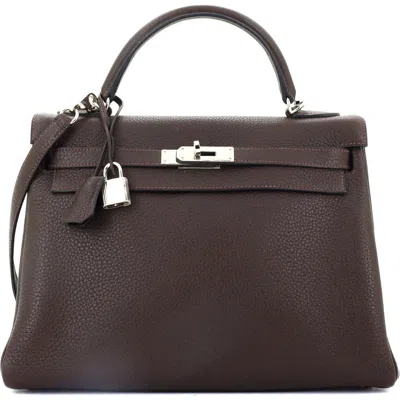 Pre-owned Hermes  Hermes Kelly Handbag Brown Clemence With Palladium Hardware 32