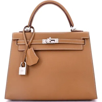 Pre-owned Hermes  Hermes Kelly Handbag Brown Epsom With Palladium Hardware 25 In Gold