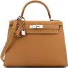 Pre-owned Hermes  Hermes Kelly Handbag Brown Epsom With Palladium Hardware 28 In Gold