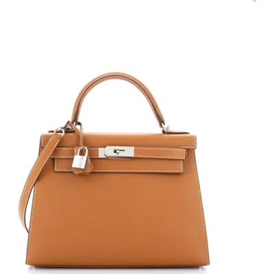 Pre-owned Hermes  Hermes Kelly Handbag Brown Epsom With Palladium Hardware 28 In Gold