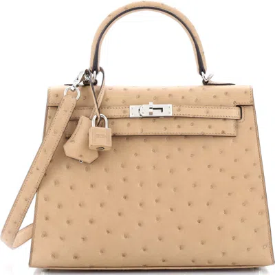 Pre-owned Hermes  Hermes Kelly Handbag Brown Ostrich With Palladium Hardware 25