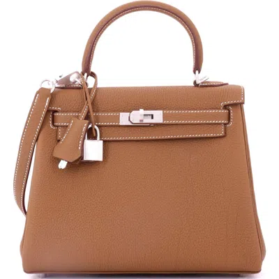 Pre-owned Hermes  Hermes Kelly Handbag Brown Togo With Brushed Palladium Hardware 25 In Gold