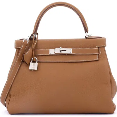 Pre-owned Hermes  Hermes Kelly Handbag Brown Togo With Palladium Hardware 28 In Gold