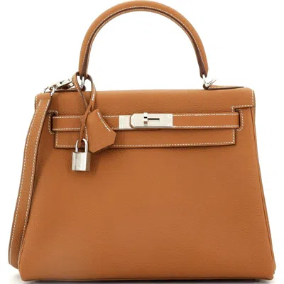 Pre-owned Hermes  Hermes Kelly Handbag Brown Togo With Palladium Hardware 28 In Gold