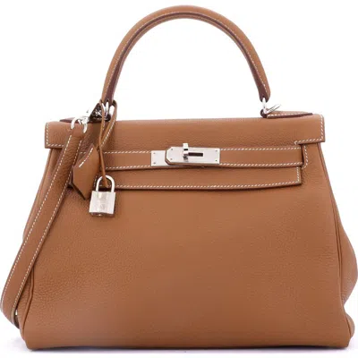 Pre-owned Hermes  Hermes Kelly Handbag Brown Togo With Palladium Hardware 28 In Gold