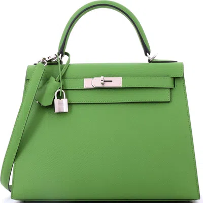 Pre-owned Hermes  Hermes Kelly Handbag Green Epsom With Palladium Hardware 28