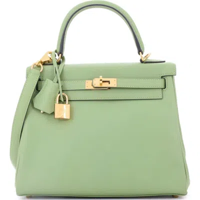 Pre-owned Hermes  Hermes Kelly Handbag Green Evercolor With Gold Hardware 25
