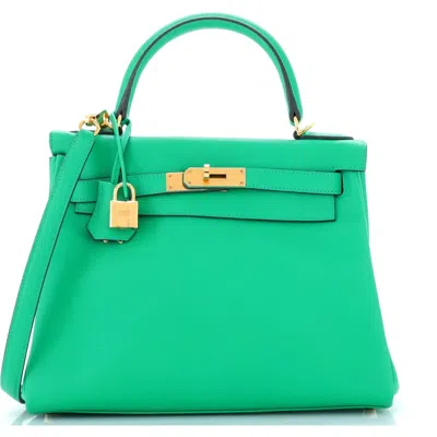 Pre-owned Hermes  Hermes Kelly Handbag Green Evercolor With Gold Hardware 28
