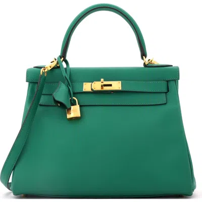 Pre-owned Hermes  Hermes Kelly Handbag Green Evercolor With Gold Hardware 28