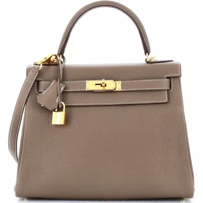 Pre-owned Hermes  Hermes Kelly Handbag Grey Clemence With Gold Hardware 28 In Brown