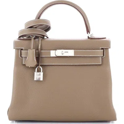 Pre-owned Hermes  Hermes Kelly Handbag Grey Clemence With Palladium Hardware 28 In Brown