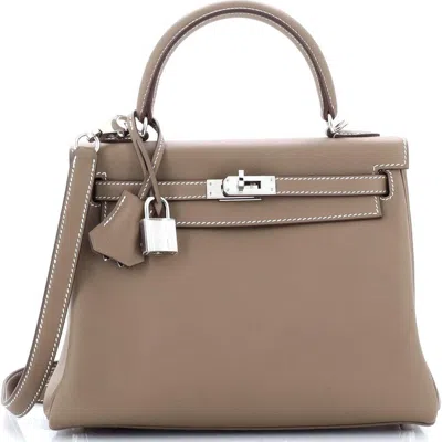 Pre-owned Hermes  Hermes Kelly Handbag Grey Swift With Palladium Hardware 25 In Brown