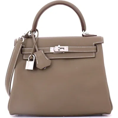 Pre-owned Hermes  Hermes Kelly Handbag Grey Swift With Palladium Hardware 25 In Brown