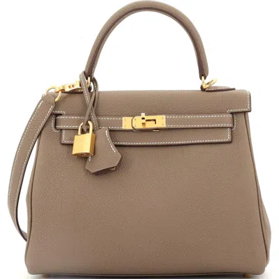 Pre-owned Hermes  Hermes Kelly Handbag Grey Togo With Gold Hardware 25 In Brown