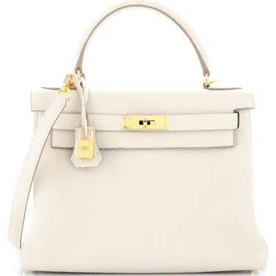Pre-owned Hermes  Hermes Kelly Handbag Light Clemence With Gold Hardware 28 In White