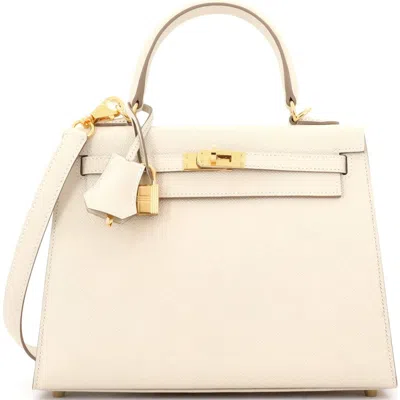 Pre-owned Hermes  Hermes Kelly Handbag Light Epsom With Gold Hardware 25 In White