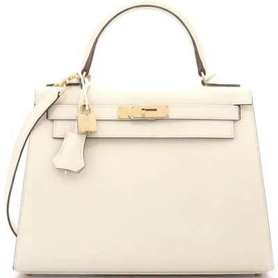 Pre-owned Hermes  Hermes Kelly Handbag Light Epsom With Gold Hardware 28 In White