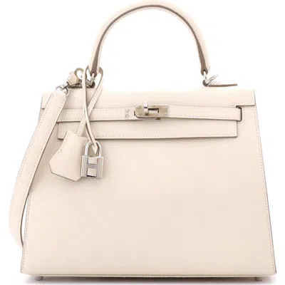 Pre-owned Hermes  Hermes Kelly Handbag Light Epsom With Palladium Hardware 25 In White