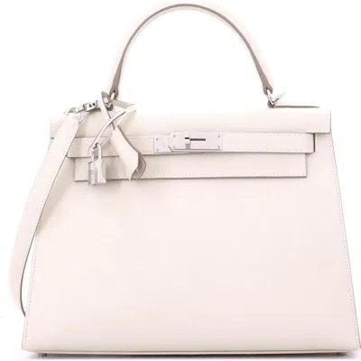 Pre-owned Hermes  Hermes Kelly Handbag Light Epsom With Palladium Hardware 28 In White
