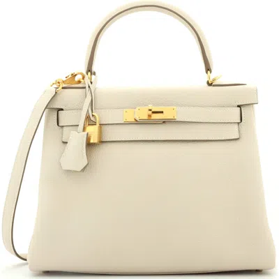 Pre-owned Hermes  Hermes Kelly Handbag Light Togo With Gold Hardware 28 In White