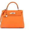 Pre-owned Hermes  Hermes Kelly Handbag Orange Clemence With Palladium Hardware 28 In Orange