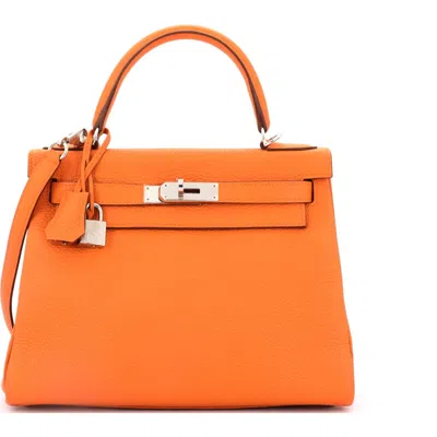 Pre-owned Hermes  Hermes Kelly Handbag Orange Clemence With Palladium Hardware 28