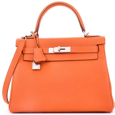 Pre-owned Hermes  Hermes Kelly Handbag Orange Clemence With Palladium Hardware 28