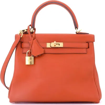 Pre-owned Hermes  Hermes Kelly Handbag Orange Swift With Gold Hardware 25 In Brown