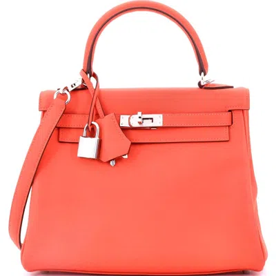Pre-owned Hermes  Hermes Kelly Handbag Orange Swift With Palladium Hardware 25 In Red