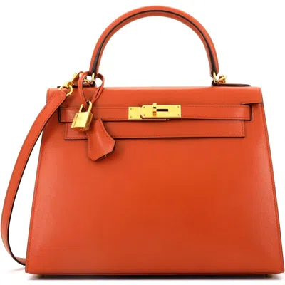 Pre-owned Hermes  Hermes Kelly Handbag Orange Tadelakt With Gold Hardware 28 In Brown