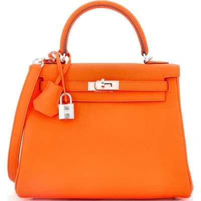 Pre-owned Hermes  Hermes Kelly Handbag Orange Togo With Palladium Hardware 25